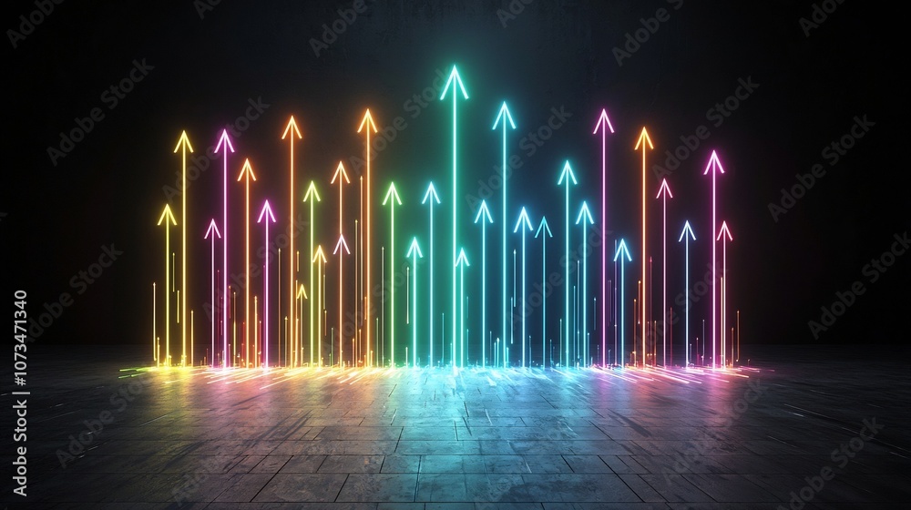 Poster striking visual of radiant beams of light in vivid colors shaped as powerful upward aiming arrows ag