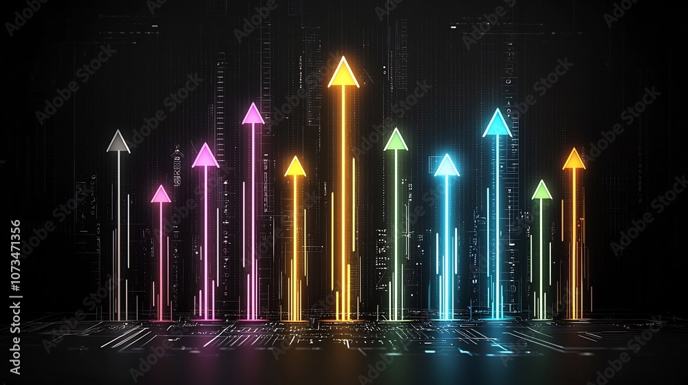 Leinwandbilder radiant beams of light in vibrant hues shaped as powerful arrows aiming upward on a sleek black back