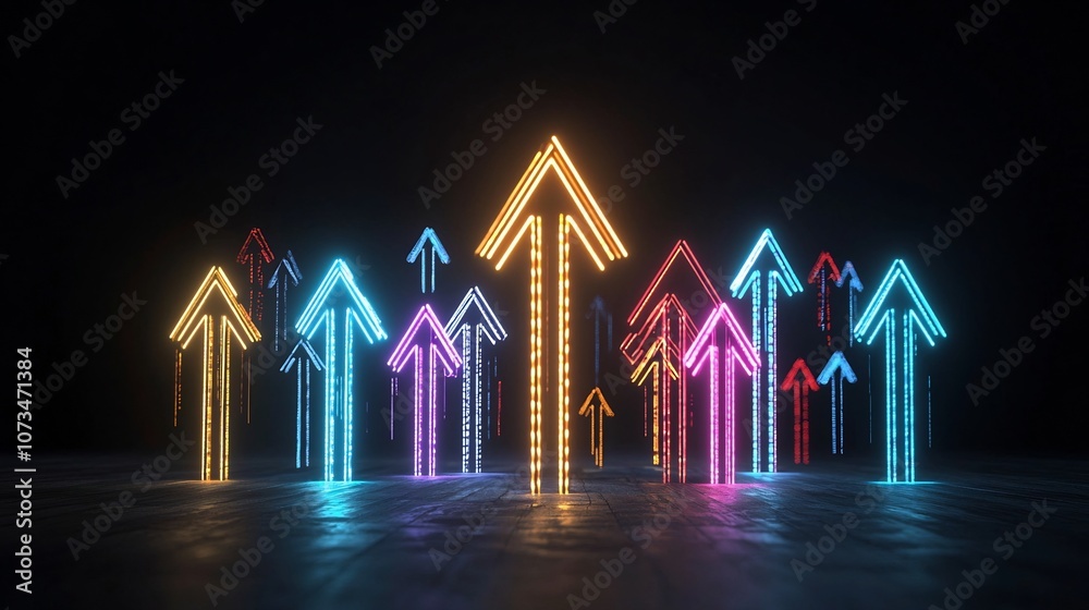 Poster A dynamic and visually striking display of colorful light beams forming a series of bold geometric arrows pointing upwards against a sleek dark background