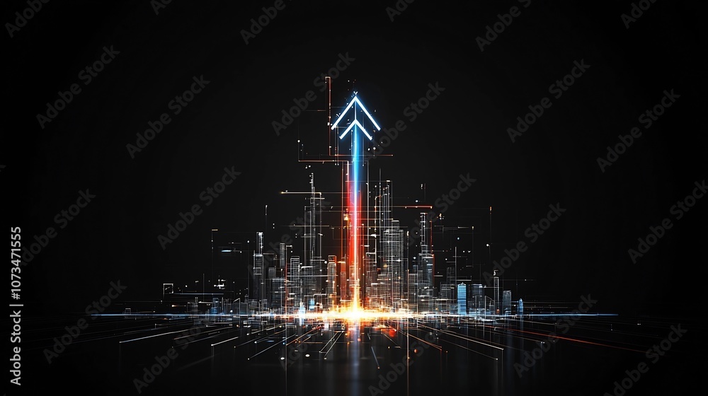 Poster Glowing beams of light shaping an arrow pointing upwards with vivid colors and a fast moving dynamic feel on a solid black background  This abstract futuristic image conveys a sense of energy