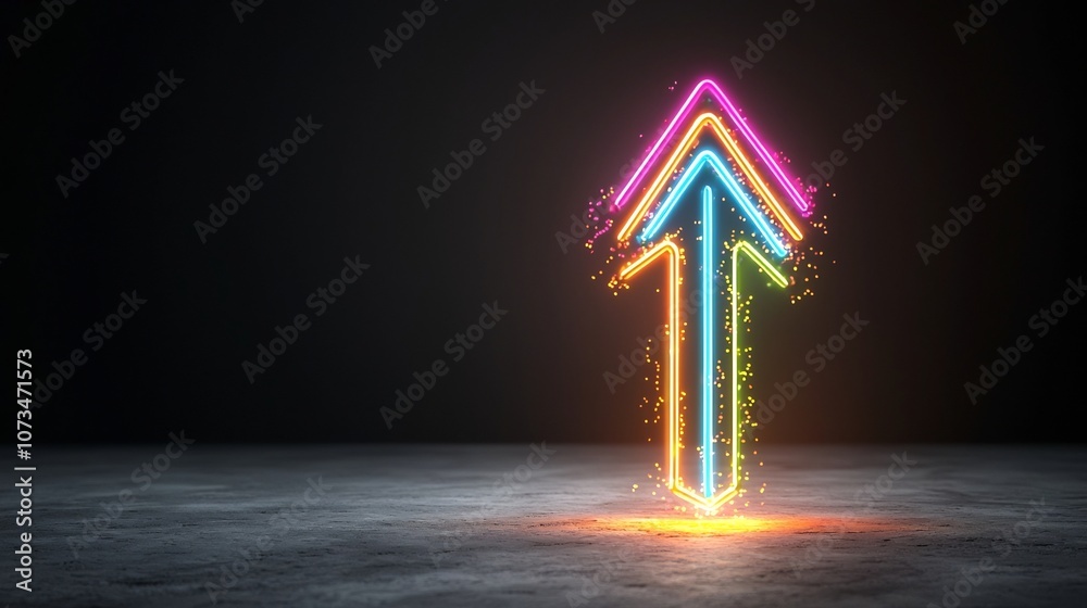 Poster vibrant upward pointing arrow formed by colorful glowing beams suggesting rapid movement on a dark b