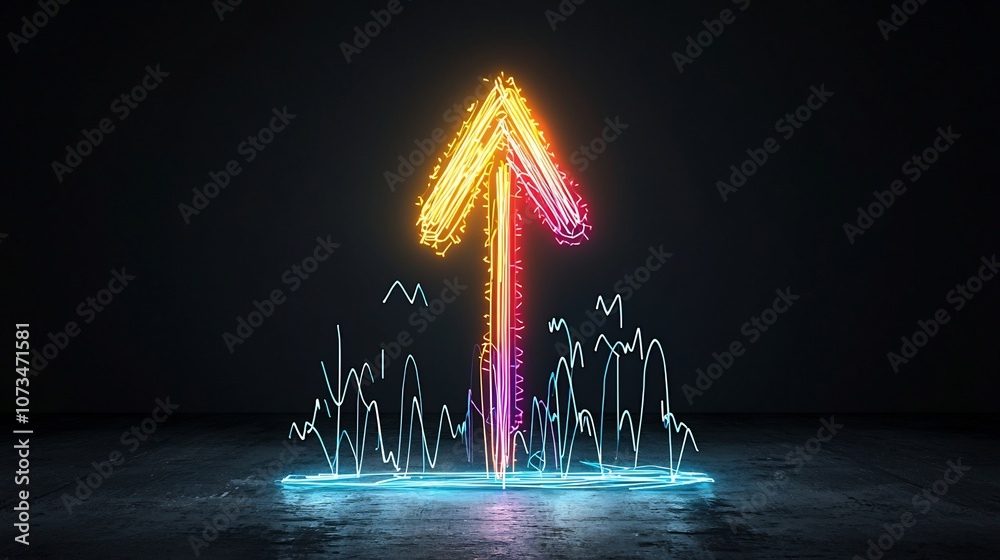 Poster Vibrant Upward Pointing Arrow Formed by Colorful Glowing Beams Suggesting Rapid Movement on a Dark Black Background  Dynamic Futuristic and Energetic Graphic Design Element