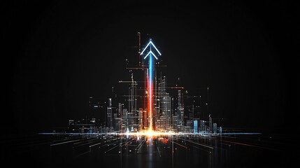 Glowing beams of light shaping an arrow pointing upwards with vivid colors and a fast moving dynamic feel on a solid black background  This abstract futuristic image conveys a sense of energy