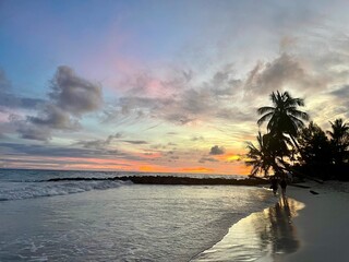 sunset over the beach with palm trees 