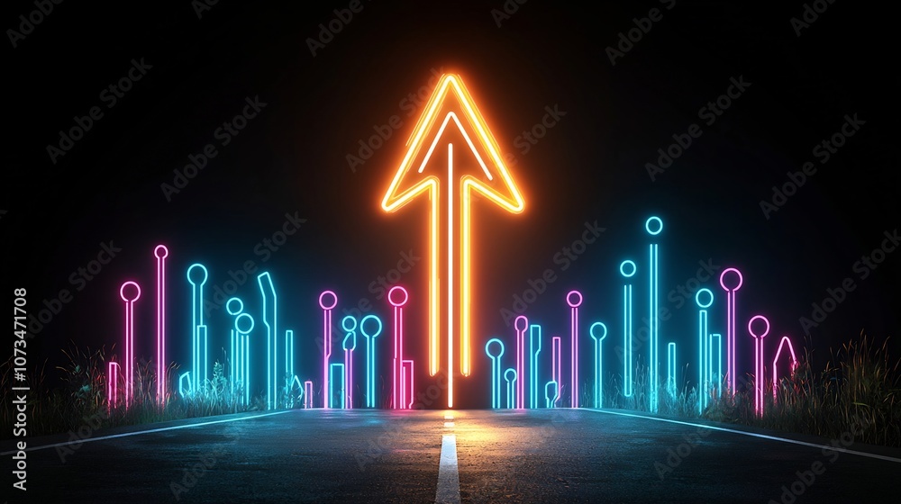 Poster Neon colored beams forming an upward pointing arrow glowing with energy and speed on a pitch black background  Dynamic futuristic and captivating abstract design