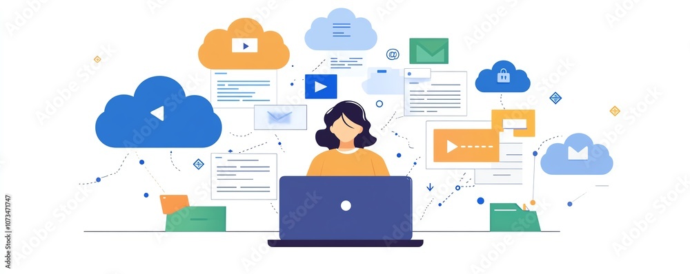 Poster digital concept of a person using a laptop with cloud storage icons and file pages in the background