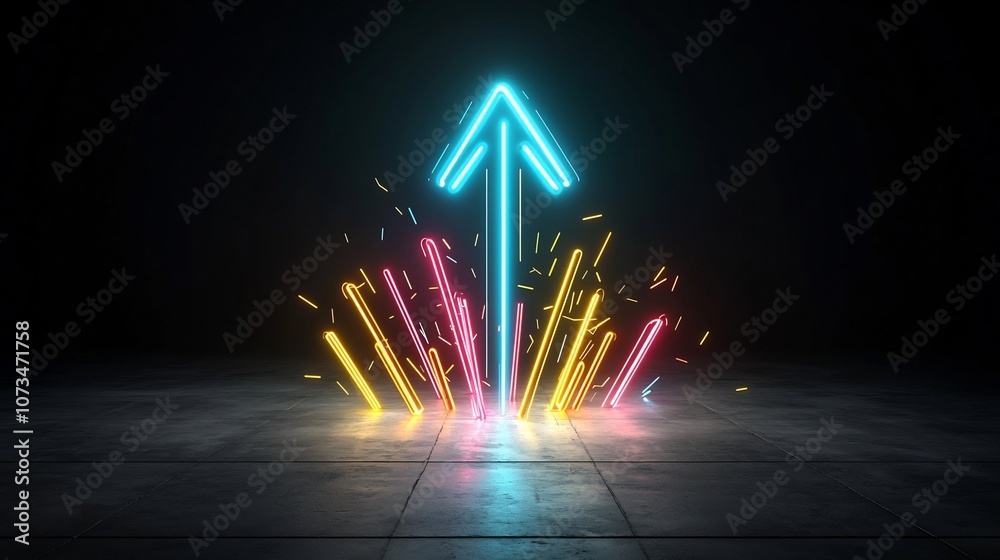 Poster Glowing neon colored beams forming an upward pointing arrow radiating energy and speed on a pitch black background  Dynamic futuristic and visually striking digital or 3D rendering