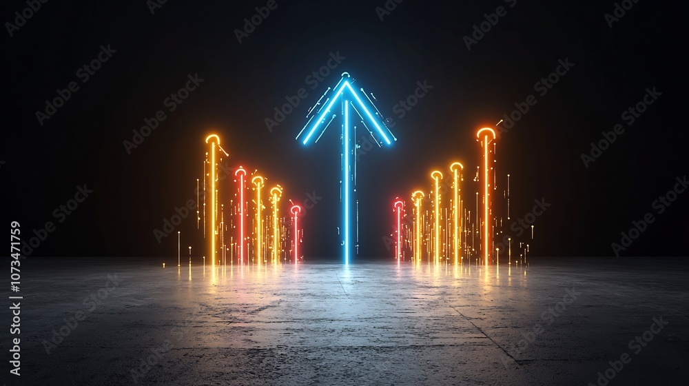 Poster Mesmerizing neon colored beams forming an upward pointing arrow glowing with dynamic energy and speed on a pitch black background  The vibrant luminous design creates a captivating futuristic visual
