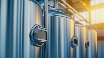 The image shows a close-up of industrial storage tanks, highlighting their shiny metallic surfaces and measuring instruments in a well-lit facility.