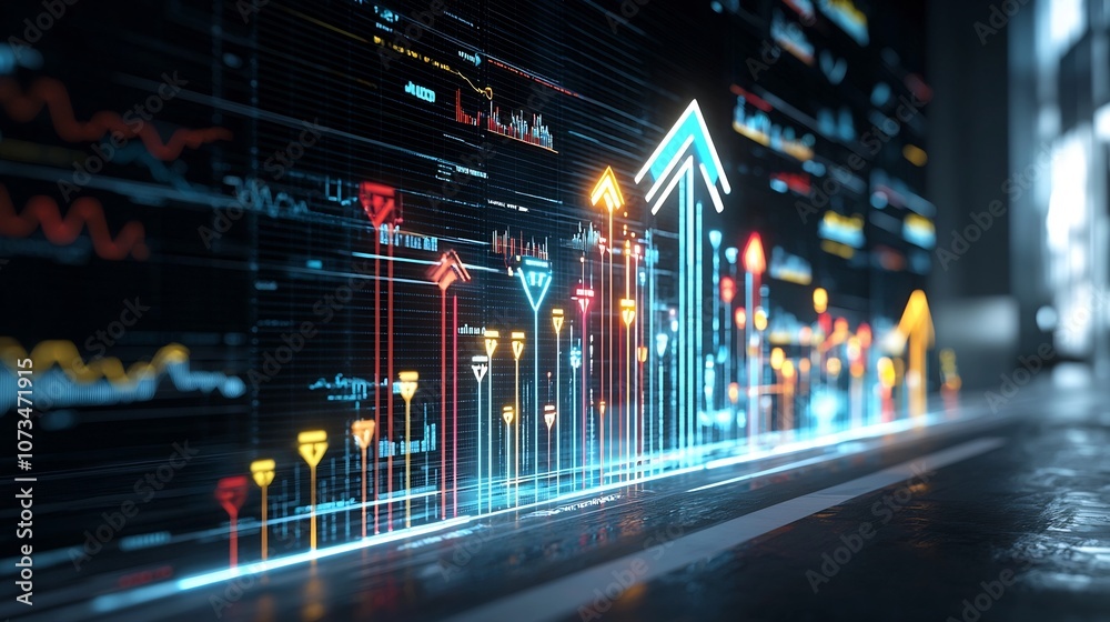 Poster colorful energetic upward arrow composed of bright beams radiating speed and momentum against a deep