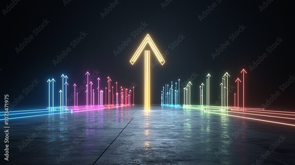Poster Sleek and modern arrow pointing upwards created by glowing beams in multiple vibrant colors on a black background giving a fast energetic and futuristic impression