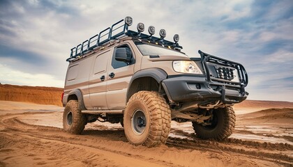 Futuristic offroad camper van in mud