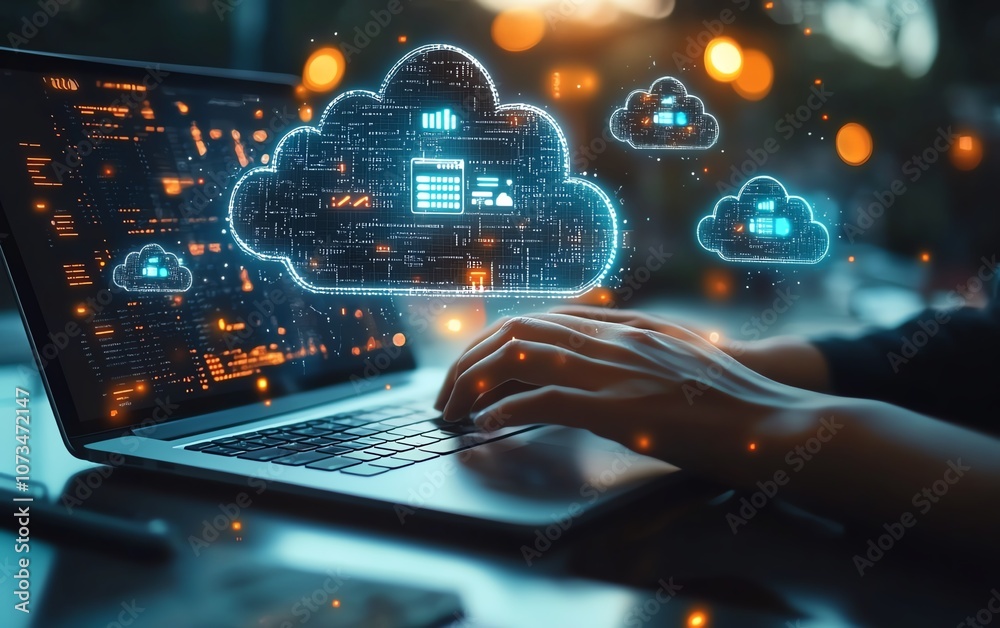 Poster illustration of a person using a laptop, cloud storage icons and digital file pages floating, symbol
