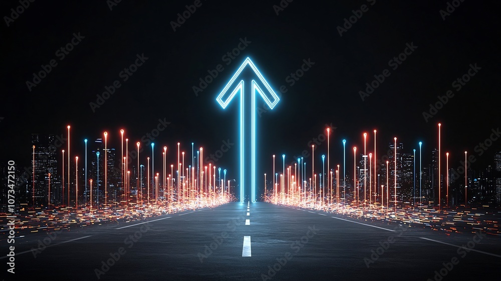 Leinwandbilder vibrant glowing beams forming an upward pointing arrow symbol representing speed motion and technolo