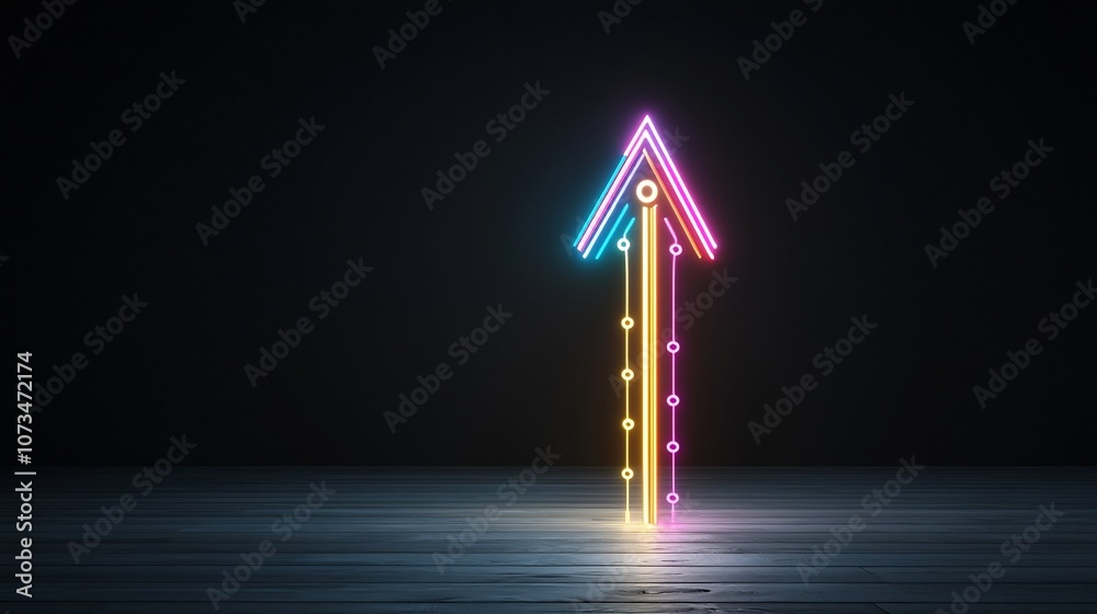 Poster A luminous arrow made of vibrant beams of light directed upwards with a fast and streamlined look against a black minimalist background creating a dynamic and futuristic visual