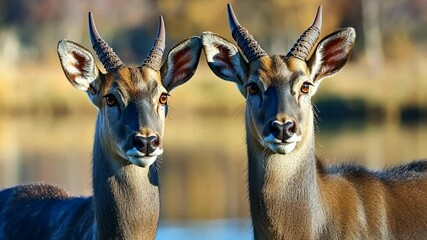 Two waterbucks stand side-by-side in the African savanna, their large brown eyes focused on the camera