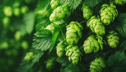 A vibrant close-up of green hop cones, surrounded by lush foliage, showcasing their fresh appearance and highlighting their importance in brewing.