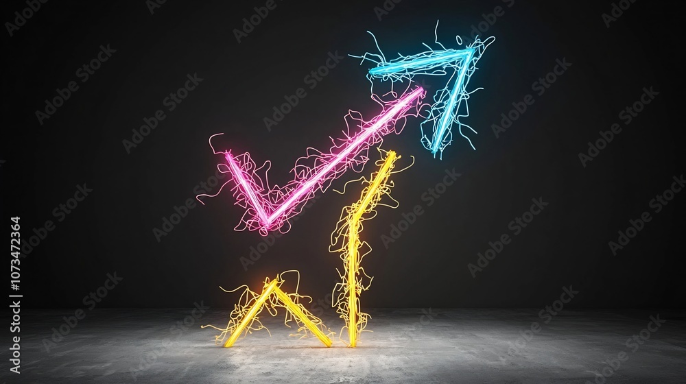 Poster Vivid colorful beam shaped arrow pointing upward against a dark background conveying a sense of swift energetic motion and dynamic forward moving trajectory or pathway