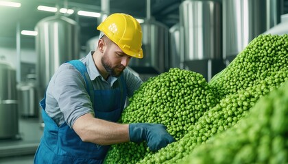 A worker inspects a large pile of vibrant green grapes in a food processing facility, wearing safety gear for optimal protection.