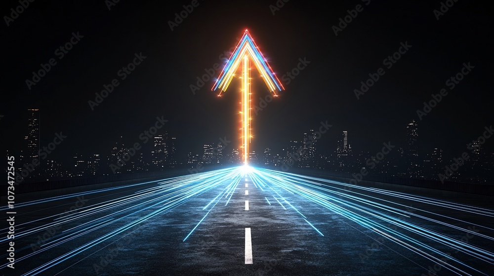 Poster dramatic abstract image of an upward pointing arrow formed by bright glowing beams against a dark ba