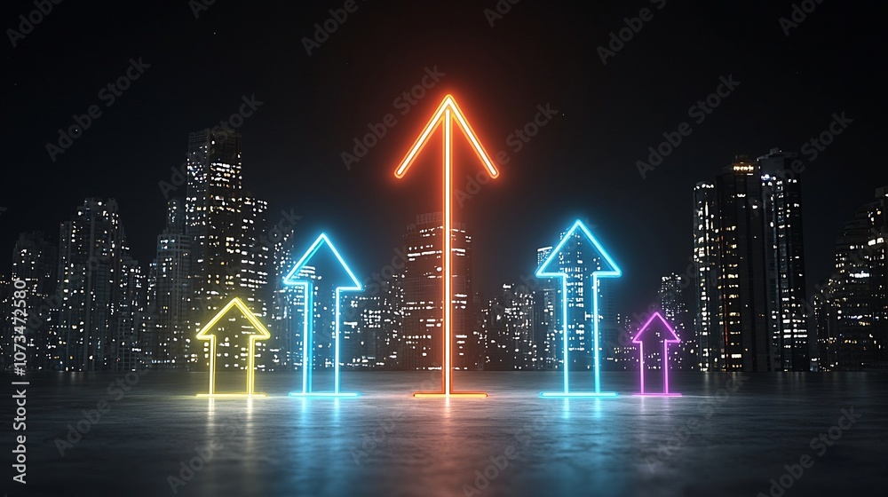 Poster A striking visual representation of a dynamic upward pointing arrow formed by vibrant glowing beams against a dark background conveying a sense of rapid kinetic movement and energy