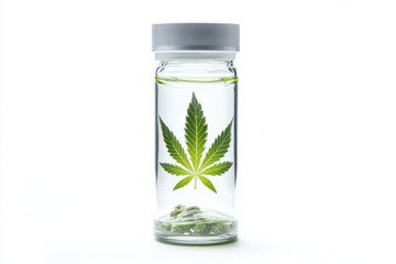 Medical cannabis tincture in a glass bottle, labeled with a marijuana leaf