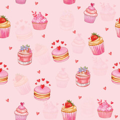 Seamless pattern of hand-drawn desserts on a pink background, perfect for wallpaper, fabric design, or wrapping paper. Features cupcakes, macarons, and other sweet treats.