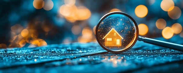 Real estate concept with a magnifying glass over a glowing house icon on a blue wooden table, soft blurred lights in the background, symbolizing property search, Generative AI