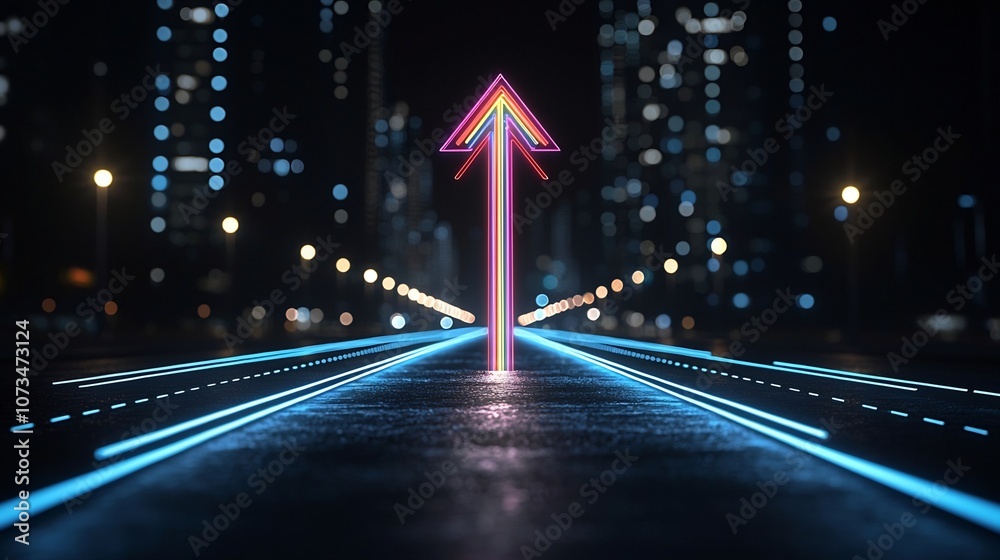 Poster Vibrant beams of light create an upward arrow glowing with bright colors and a feeling of swift motion on a black background  The dynamic and energetic composition evokes a sense of speed