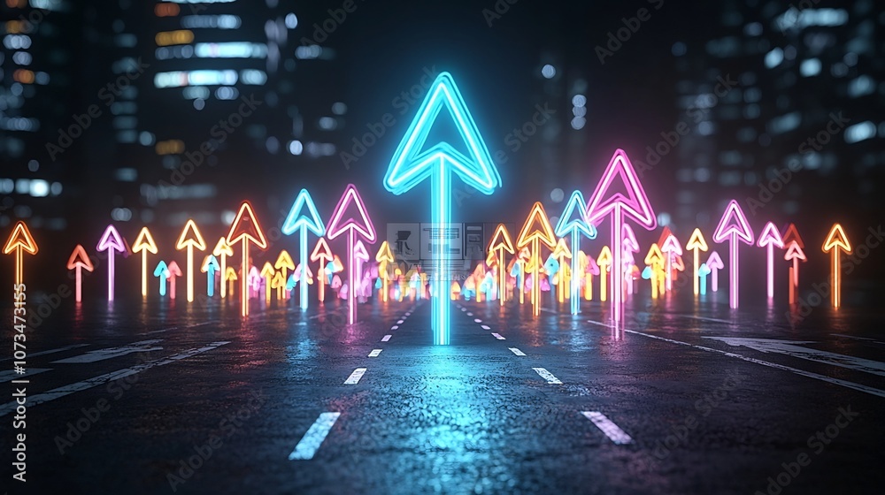 Aufkleber Vibrant Neon Beams of Light Forming a Fast Moving Arrow Pointing Upward with a Sense of Energy and on a Sleek Dark Background