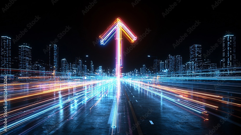 Aufkleber Striking abstract image of bright glowing light beams shaping an arrow pointing upwards against a solid black background creating a dynamic high energy and futuristic visual effect