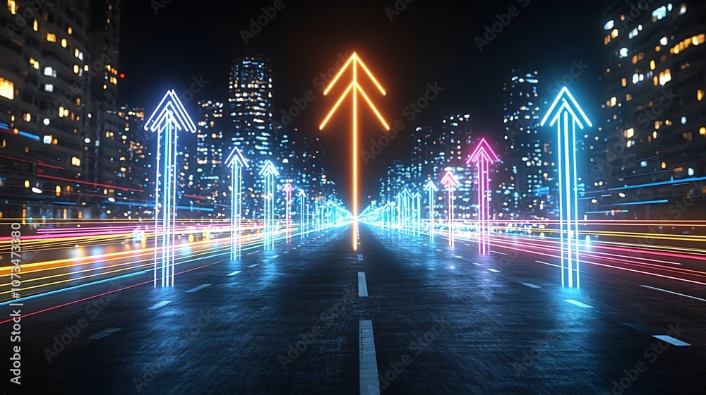Poster glowing dynamic beams of vivid light shaping an upward pointing arrow against a sleek solid black ba