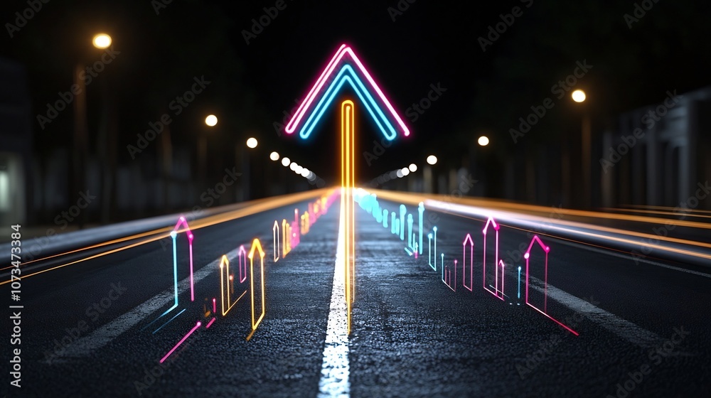 Poster Glowing dynamic beams of light shaping an arrow aimed upwards with vibrant colors and a fast moving feel against a solid black background creating a striking futuristic visual design