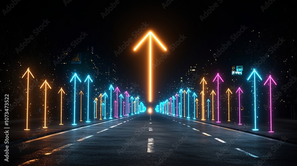 Poster Neon colored beams forming an upward pointing arrow glowing with energy and speed on a pitch black background  This dynamic and futuristic image conveys a sense of motion power