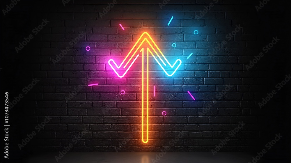 Poster Neon colored beams forming an upward pointing arrow glowing with energy and speed on a pitch black background  The dynamic and futuristic design creates a sense of motion progression and intensity