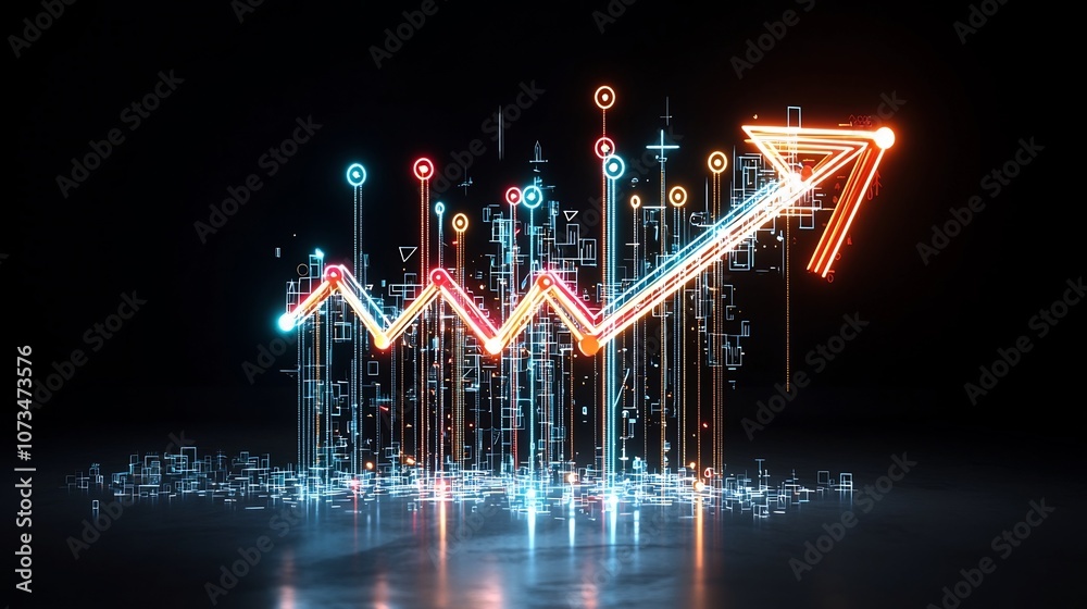 Aufkleber Captivating graphic design featuring a dynamic upward facing arrow composed of bright colorful beams radiating a sense of speed and energy against a deep black background symbolizing progress growth