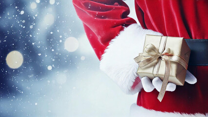 Santa Claus holding a golden gift box hidden behind his back, symbolizing the excitement and mystery of a Secret Santa gift exchange