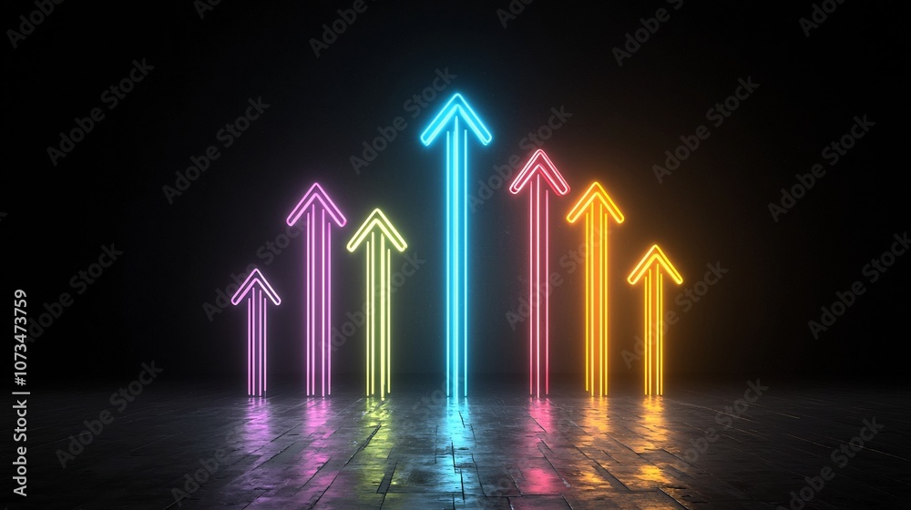 Poster Vibrant Upward Glowing Arrow Beams Forming a Dynamic Symbol of Speed Motion and Energy on a Pure Black Background