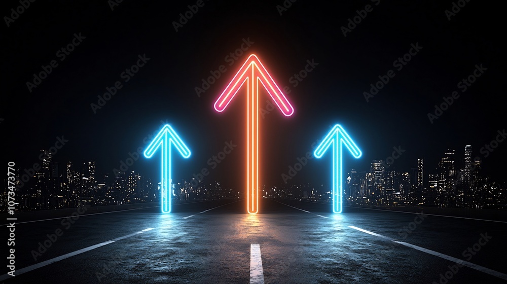 Poster Upward reaching vibrant beams of light forming an arrow shape conveying a sense of speed motion and dynamic energy against a pure black background  This abstract digital represents progress