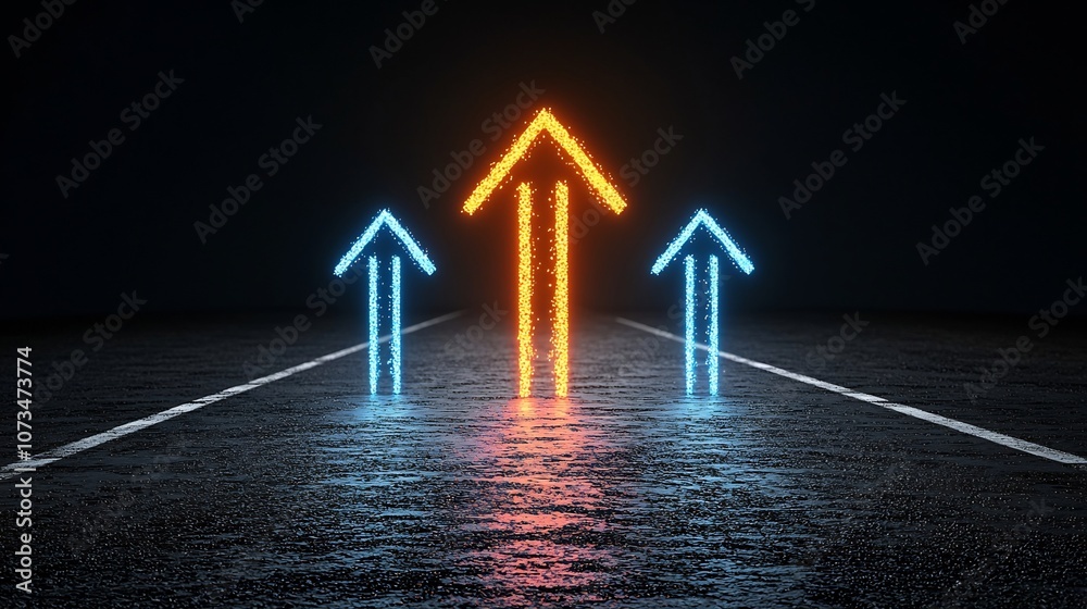 Fototapete Striking abstract with vibrant beams of light forming an upward arrow shape symbolizing speed motion and technological advancement on a clean black background