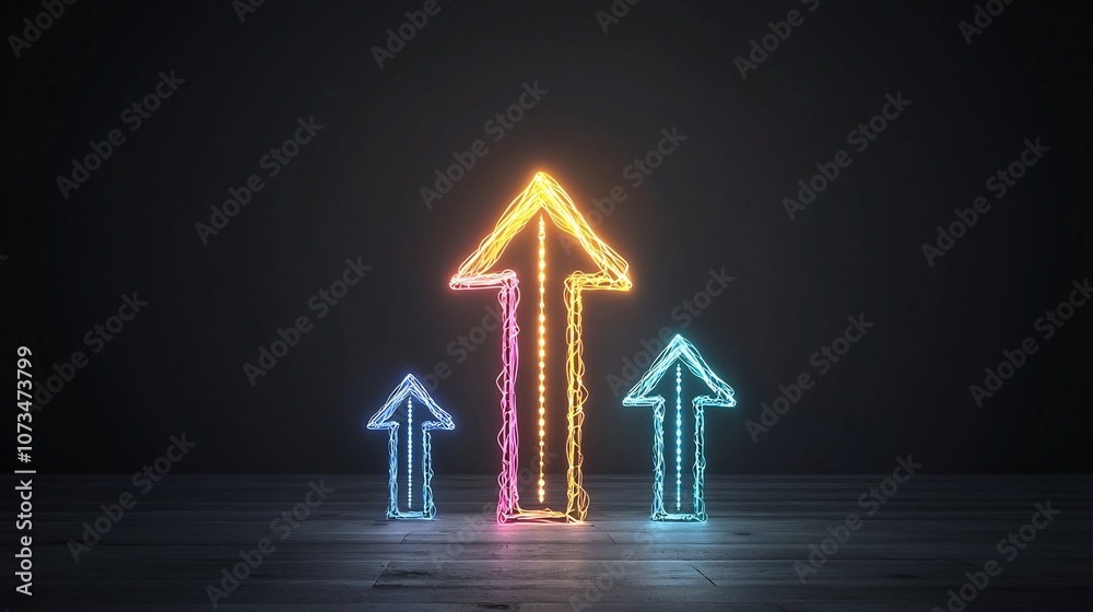 Poster Vibrant beams of light forming an upward arrow symbolizing speed motion and progression on a pure black background  This dynamic futuristic design conveys a sense of energy power and forward momentum