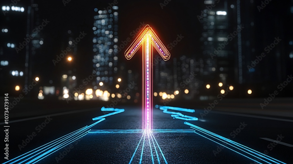 Aufkleber Vivid colorful beams of light forming a dynamic geometric arrow shape that points upward conveying a sense of swift motion and energy on a dark minimalist background