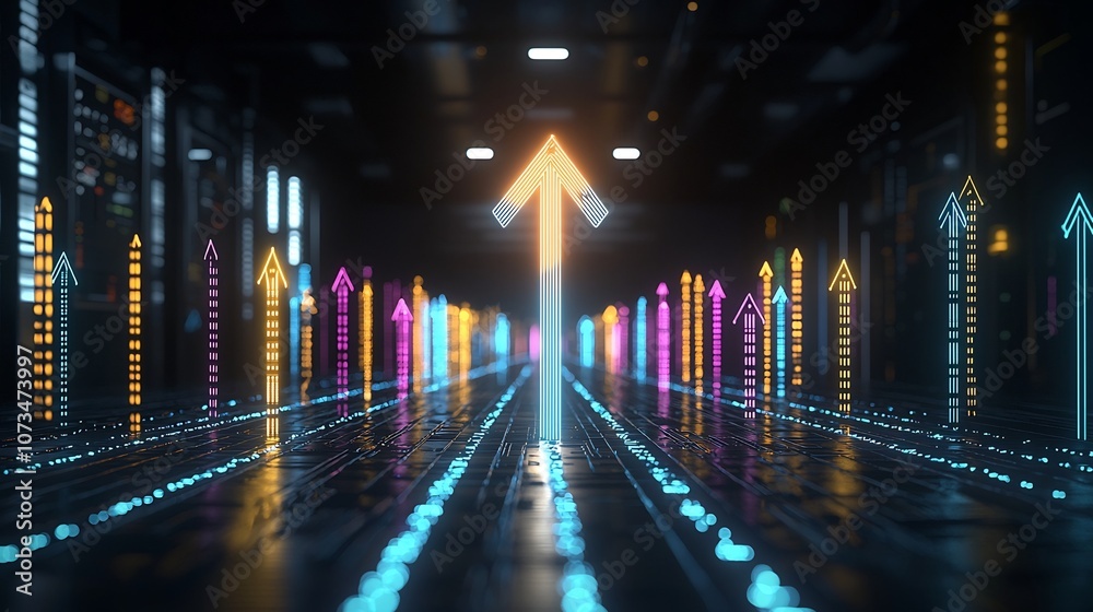 Poster striking abstract featuring bright vivid light beams forming an upward pointing arrow shape against 