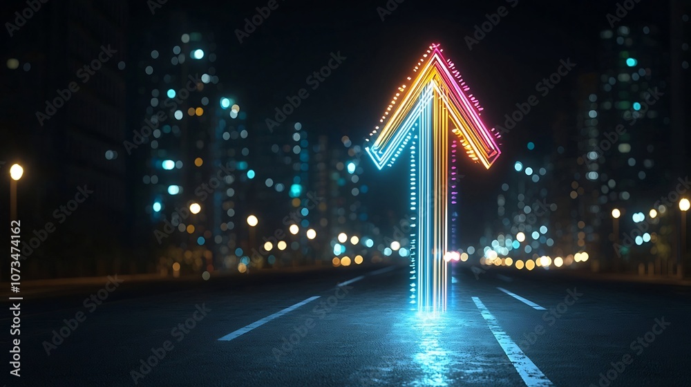 Poster Striking abstract image featuring vibrant colorful beams of light forming an arrow shape that appears to be in motion and aimed upwards against a solid black backdrop conveying a sense of energy