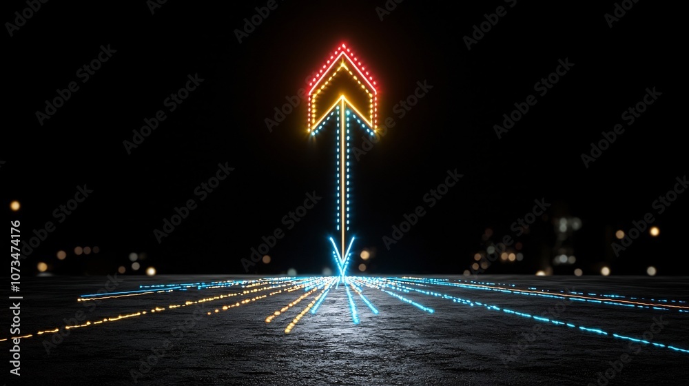 Leinwandbilder Vibrant colorful beams of light forming a dynamic fast moving arrow shape soaring upwards against a solid black backdrop with a strong sense of speed power and forward momentum