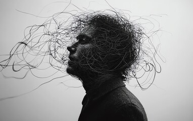 A man with a head overflowing with tangled, messy lines, illustrating mental chaos and complexity, Generative AI