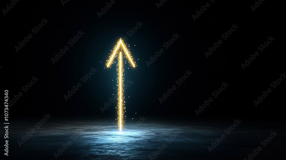 Poster powerful radiant beams of light forming a sharp glowing arrow surging upwards in a dynamic energetic