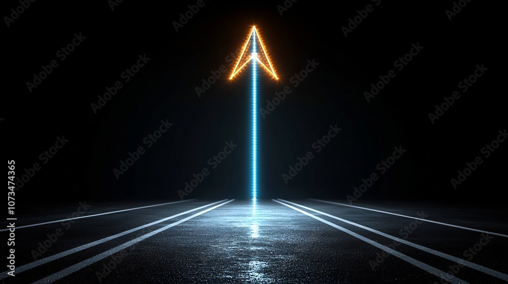 Aufkleber Striking image of a sharp glowing arrow made up of bright beaming rays of light pointing upwards against a pure black background conveying a sense of speed energy and dynamism
