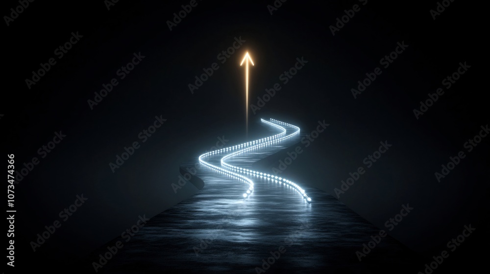 Poster Bright glowing beams forming a sharp arrow directed upwards exuding a sense of speed and energy on a pure black background  The dynamic and futuristic design conveys a feeling of strength force