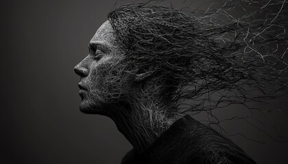 A man with his head surrounded by chaotic lines, representing the turmoil and complexity of his thoughts, Generative AI